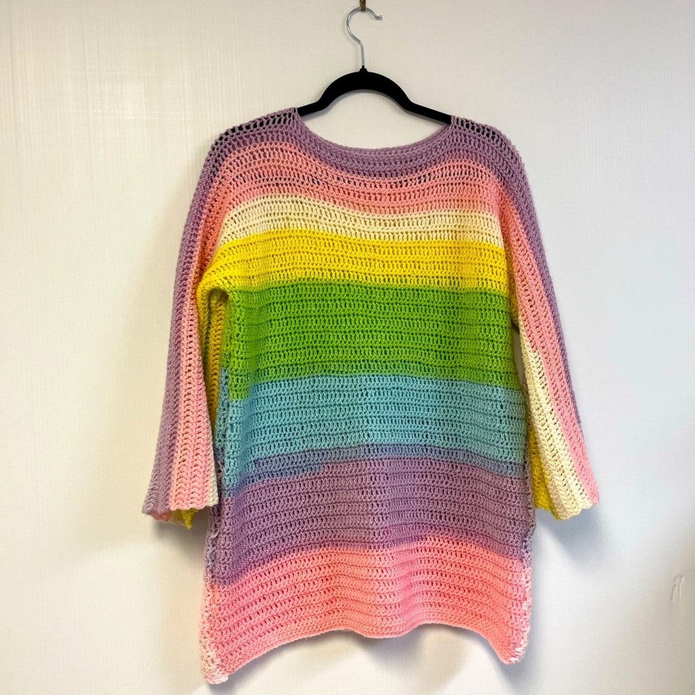 Rainbow Stripe Crochet Sweater with flared sleeves oversized cozy Girly knit